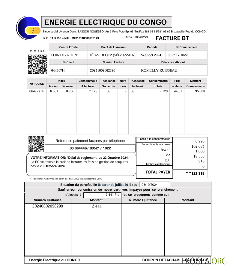 Congo Energie Electrique Du utility bill